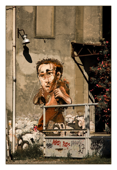 Fassadenmalerei, alte Reism&uuml;hle in Port-Saint-Louis-du-Rh&ocirc;ne, Frankreich