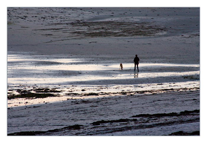 Spaziergänger mit Hund im Sonnenuntergang bei Ebbe, Plage de Sainte-Marguerite, Landéda